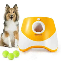 Mini tennis ball launcher for dogs with adjustable throw distance, stimulating exercise and play.